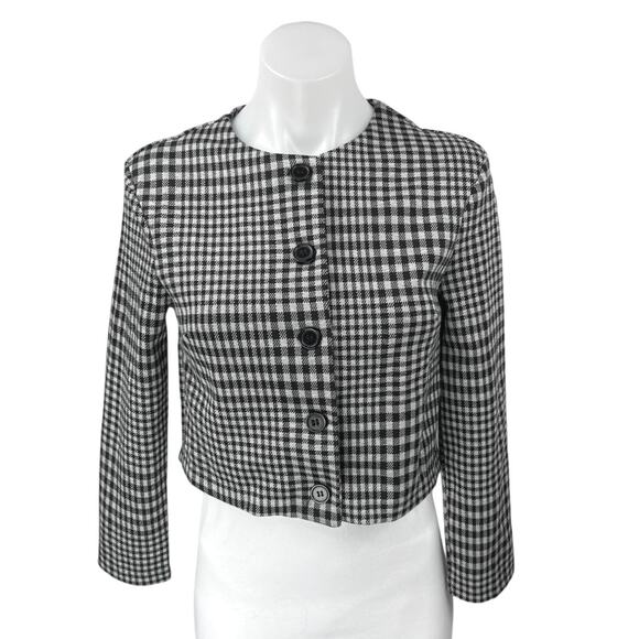 H&M Black White Checkered Plaid Long Sleeve Button Up Crop Blazer Coat Jacket XS - Picture 1 of 4